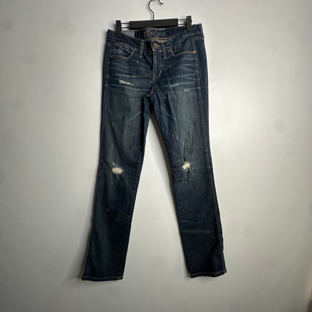 Madewell Rail Straight Jeans Women 27 Dark Wash EUC Distressed Denim Long Inseam